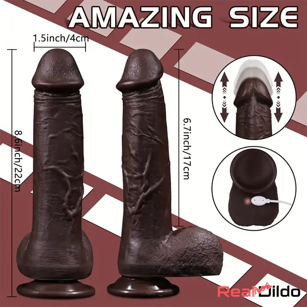8.6in Soft Big Silicone Thrusting Vibrating Heating Remote Ebony Auto Dildo Real Dildo